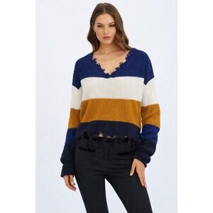 Full Circle Trends M Womens Multi Striped Fringed Distressed Sweater Loose Fit